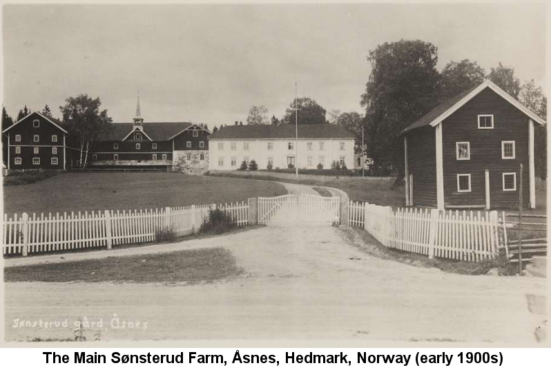 The main Sønsterud Farm, Åsnes, Hedmark, Norway (early 1900s): A black and white photo shows two very large two-story houses or barracks, one white, and the other dark-colored with a steeple above a central gable, standing at the end of a long curving driveway behind a wide white double gate in an inward-curving fence of thin white pickets of varying heights